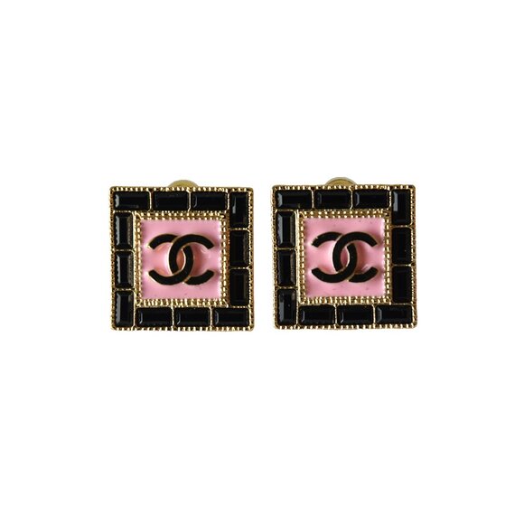 Chanel CC Resin Square Stud Earrings Black Pink Gold - Picture 1 of 1